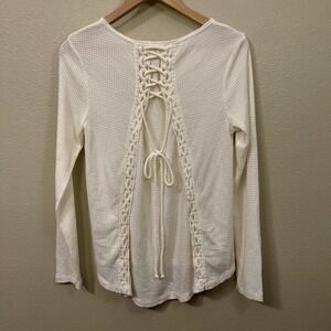 Knox Rose Lace Up Back Waffle Long Sleeve Shirt Soft Summer Festival Boho Size M